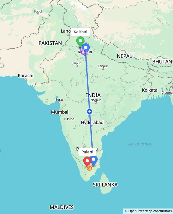 Route map showing distance and travel time from Kaithal, India to Palani, India