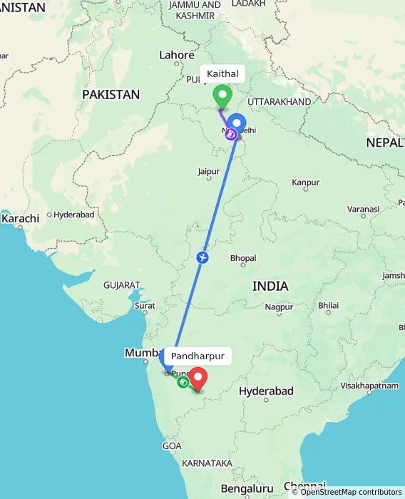 Route map showing distance and travel time from Kaithal, India to Pandharpur, India