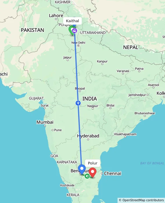 Route map showing distance and travel time from Kaithal, India to Polur, India