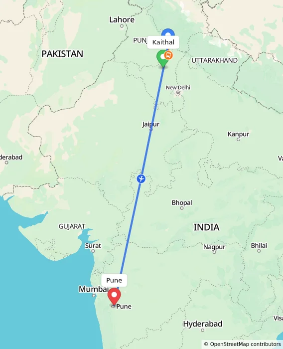 Route map showing distance and travel time from Kaithal, India to Pune, India