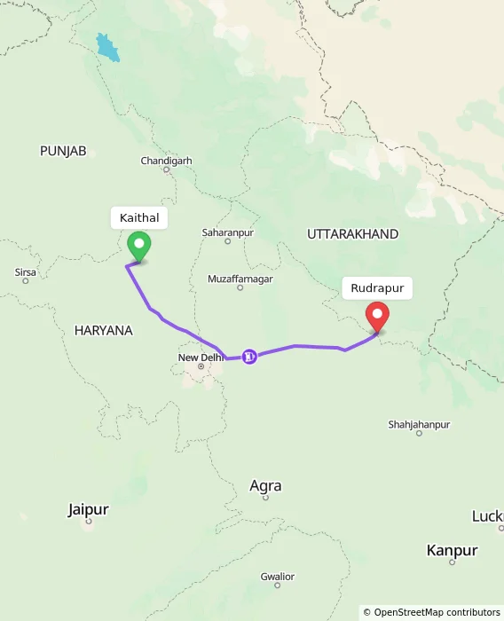 Route map showing distance and travel time from Kaithal, India to Rudrapur, India