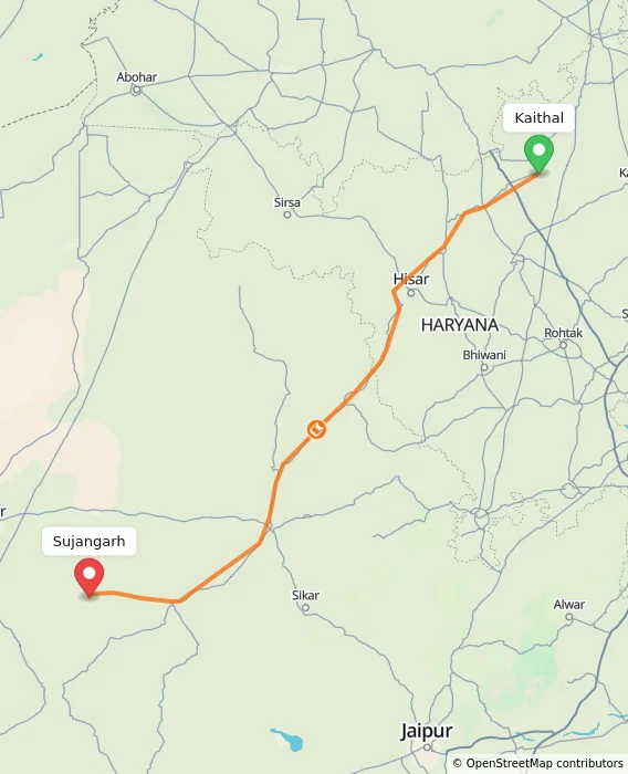 Route map showing distance and travel time from Kaithal, India to Sujangarh, India