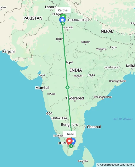 Route map showing distance and travel time from Kaithal, India to Theni, India