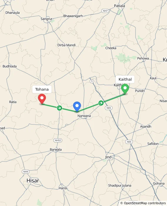 Route map showing distance and travel time from Kaithal, India to Tohana, India