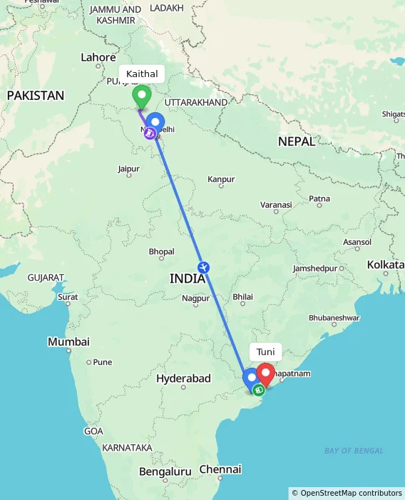 Route map showing distance and travel time from Kaithal, India to Tuni, India