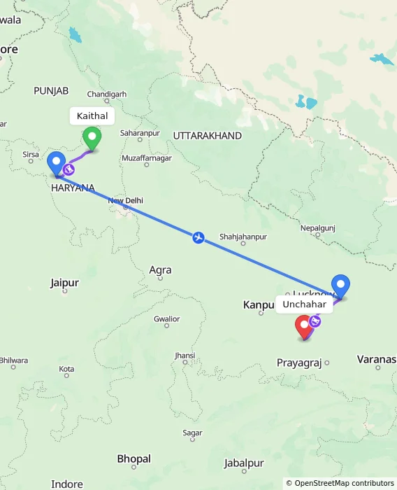Route map showing distance and travel time from Kaithal, India to Unchahar, India