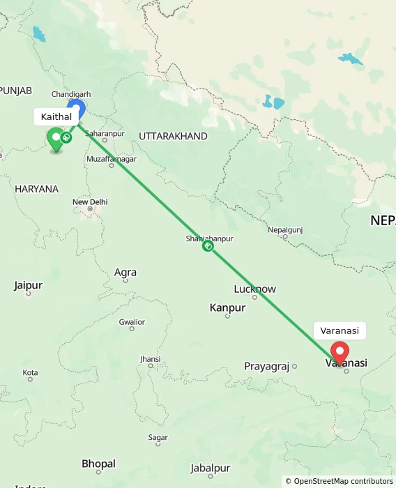 Route map showing distance and travel time from Kaithal, India to Varanasi, India