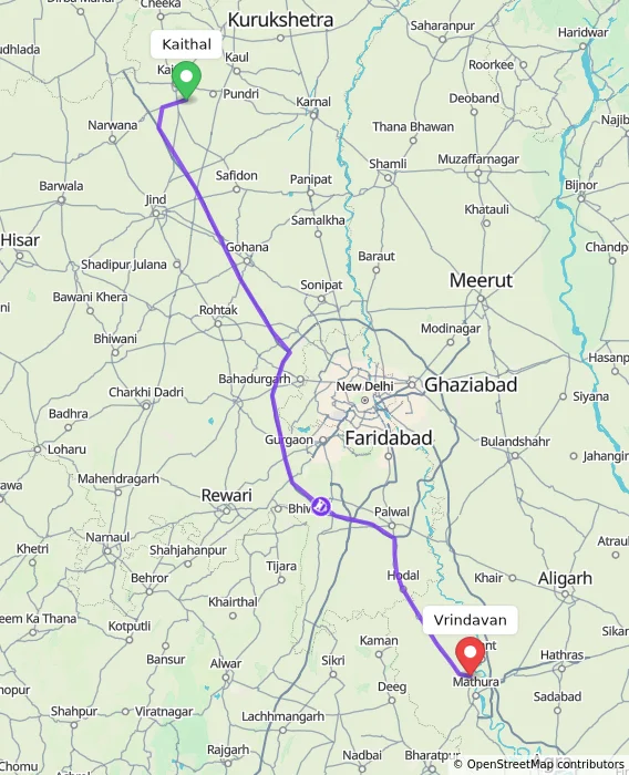 Route map showing distance and travel time from Kaithal, India to Vrindavan, India