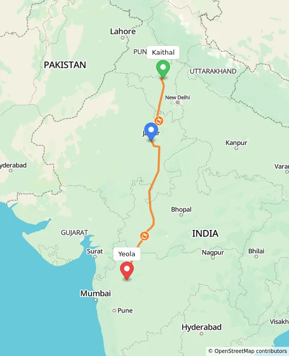 Route map showing distance and travel time from Kaithal, India to Yeola, India