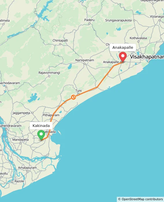 Route map showing distance and travel time from Kakinada, India to Anakapalle, India