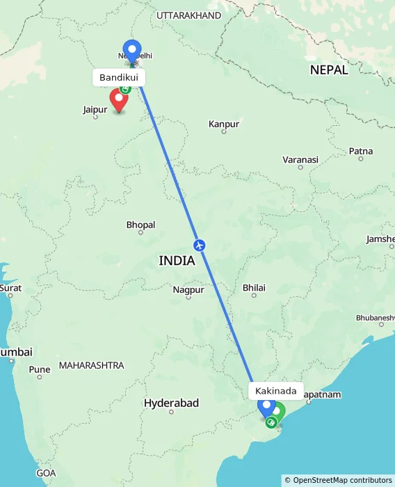 Route map showing distance and travel time from Kakinada, India to Bandikui, India