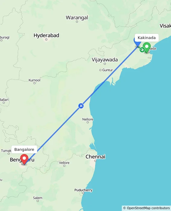 Route map showing distance and travel time from Kakinada, India to Bangalore, India
