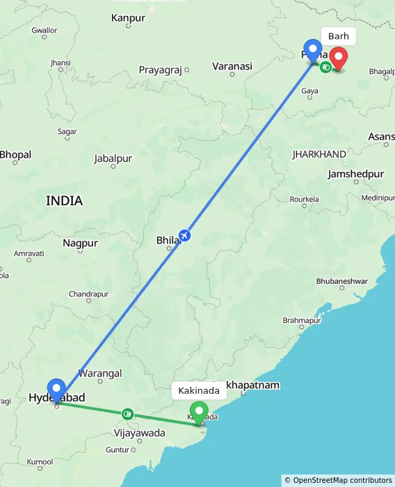 Route map showing distance and travel time from Kakinada, India to Barh, India