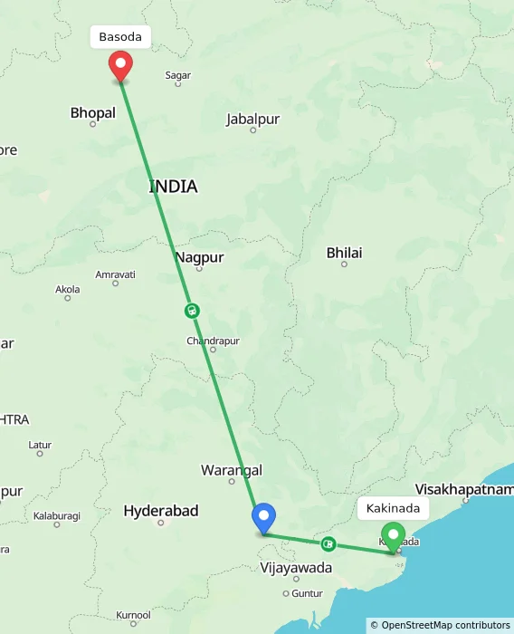 Route map showing distance and travel time from Kakinada, India to Basoda, India