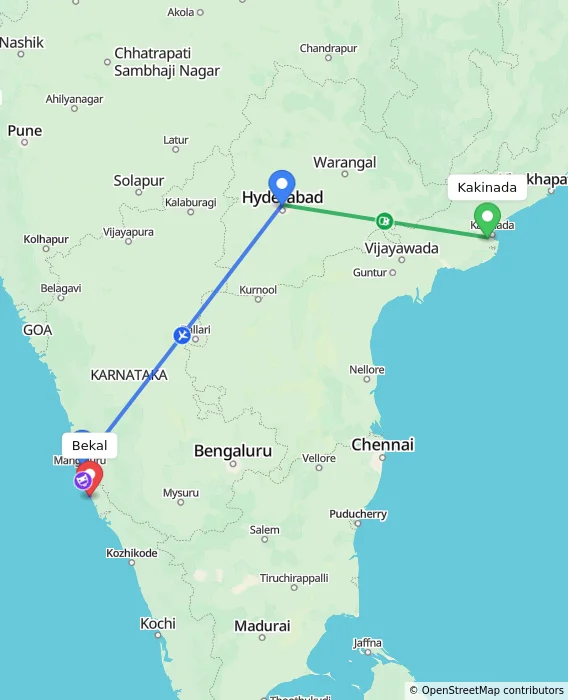 Route map showing distance and travel time from Kakinada, India to Bekal, India