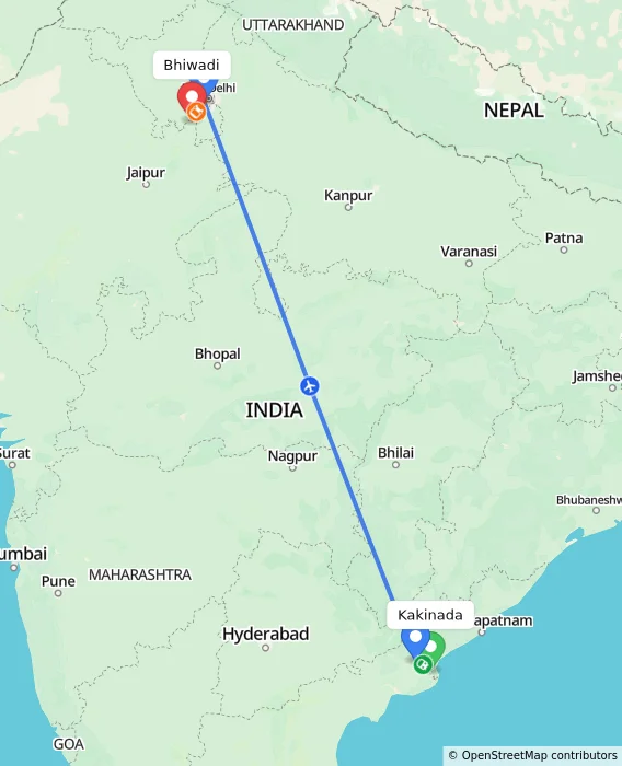 Route map showing distance and travel time from Kakinada, India to Bhiwadi, India