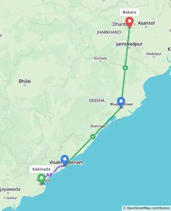 Route map showing distance and travel time from Kakinada, India to Bokaro, India