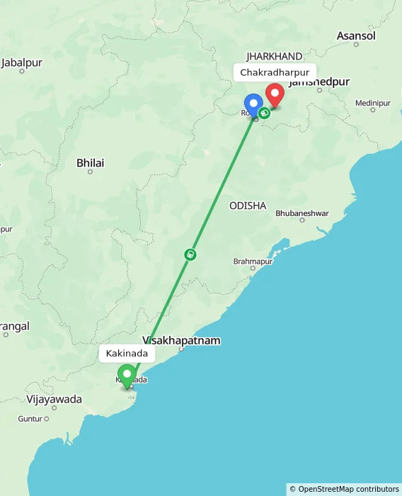 Route map showing distance and travel time from Kakinada, India to Chakradharpur, India