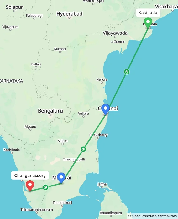 Route map showing distance and travel time from Kakinada, India to Changanassery, India