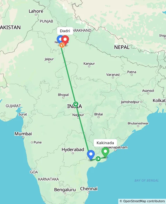 Route map showing distance and travel time from Kakinada, India to Dadri, India