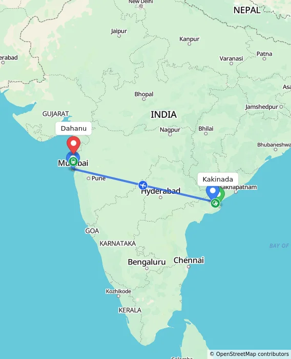 Route map showing distance and travel time from Kakinada, India to Dahanu, India
