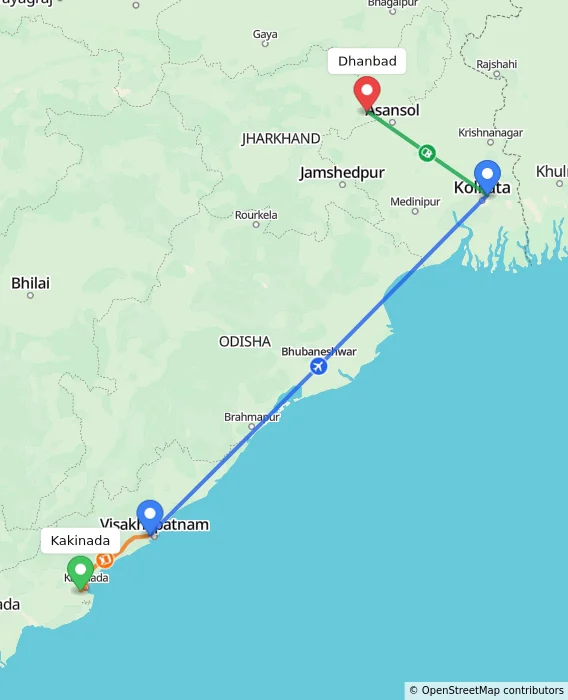 Route map showing distance and travel time from Kakinada, India to Dhanbad, India
