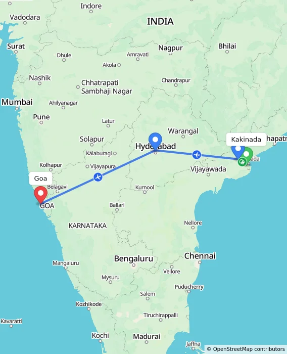 Route map showing distance and travel time from Kakinada, India to Goa, India