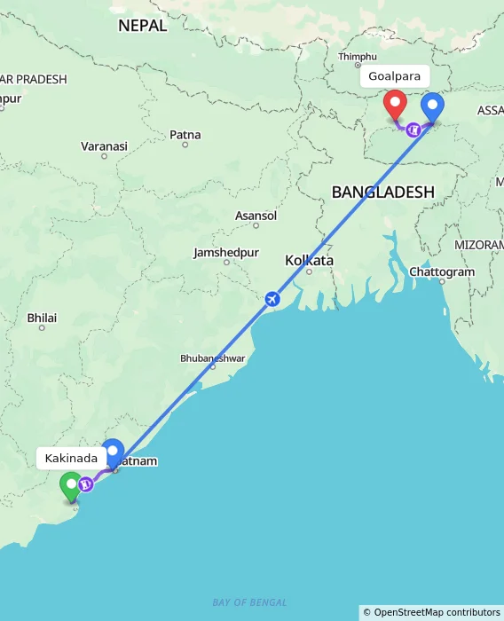 Route map showing distance and travel time from Kakinada, India to Goalpara, India