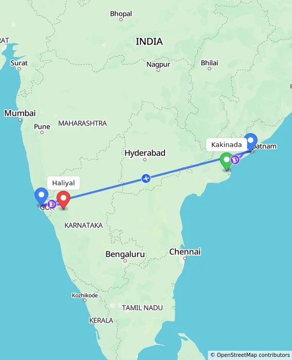 Route map showing distance and travel time from Kakinada, India to Haliyal, India