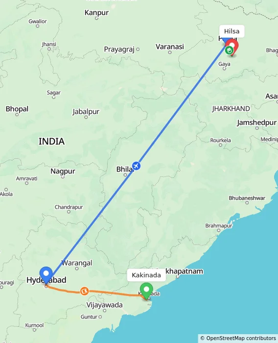 Route map showing distance and travel time from Kakinada, India to Hilsa, India