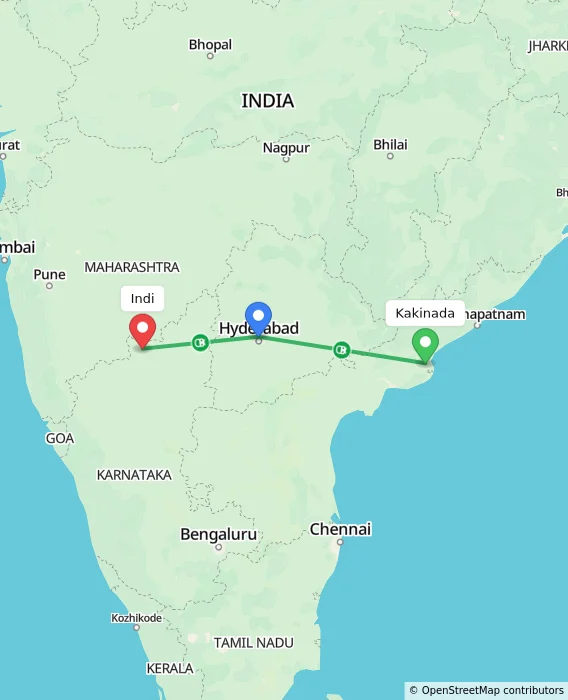 Route map showing distance and travel time from Kakinada, India to Indi, India