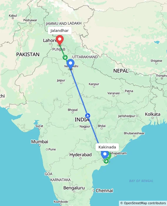 Route map showing distance and travel time from Kakinada, India to Jalandhar, India