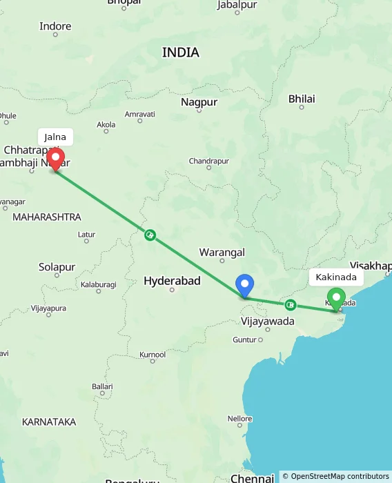 Route map showing distance and travel time from Kakinada, India to Jalna, India