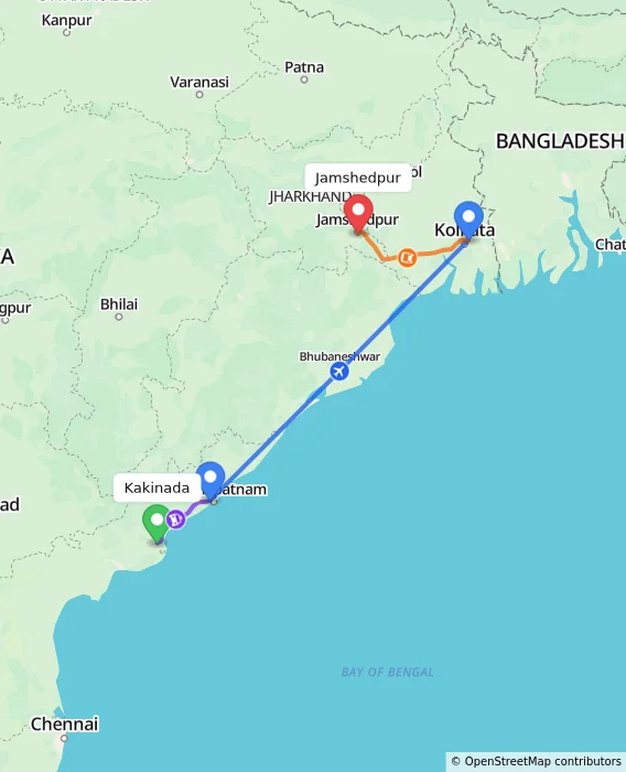 Route map showing distance and travel time from Kakinada, India to Jamshedpur, India