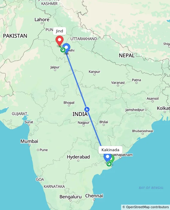 Route map showing distance and travel time from Kakinada, India to Jind, India