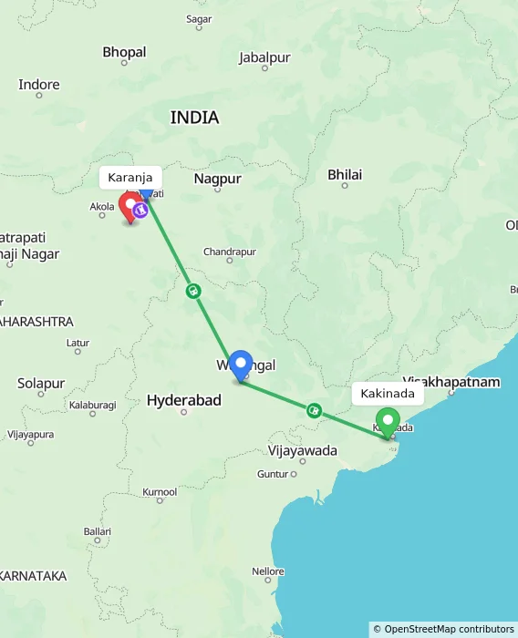 Route map showing distance and travel time from Kakinada, India to Karanja, India
