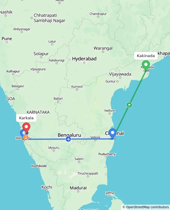 Route map showing distance and travel time from Kakinada, India to Karkala, India