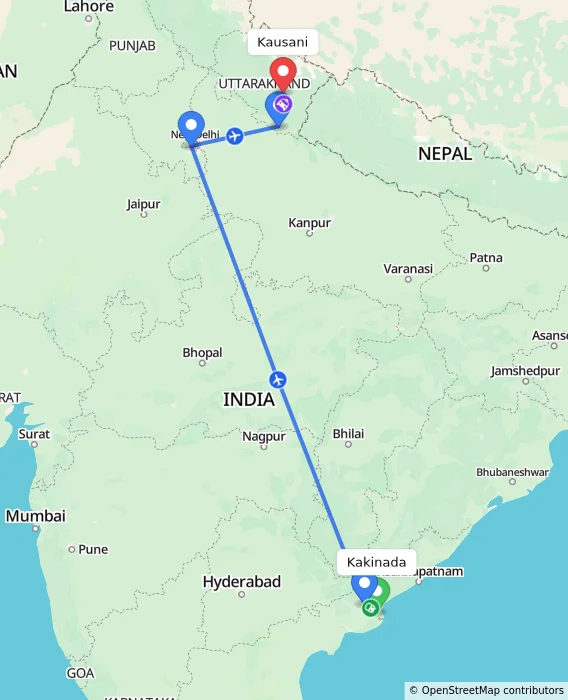 Route map showing distance and travel time from Kakinada, India to Kausani, India