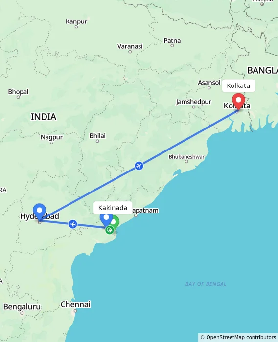Route map showing distance and travel time from Kakinada, India to Kolkata, India