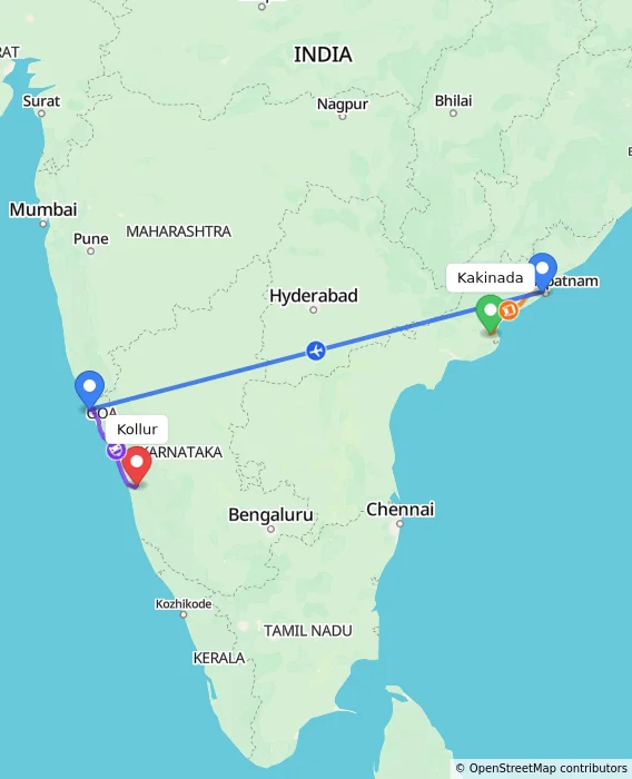 Route map showing distance and travel time from Kakinada, India to Kollur, India