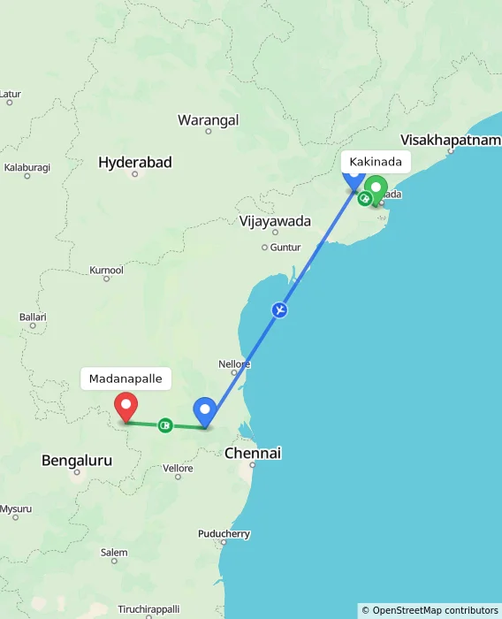 Route map showing distance and travel time from Kakinada, India to Madanapalle, India