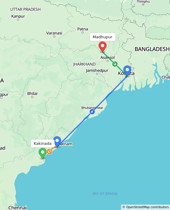 Route map showing distance and travel time from Kakinada, India to Madhupur, India