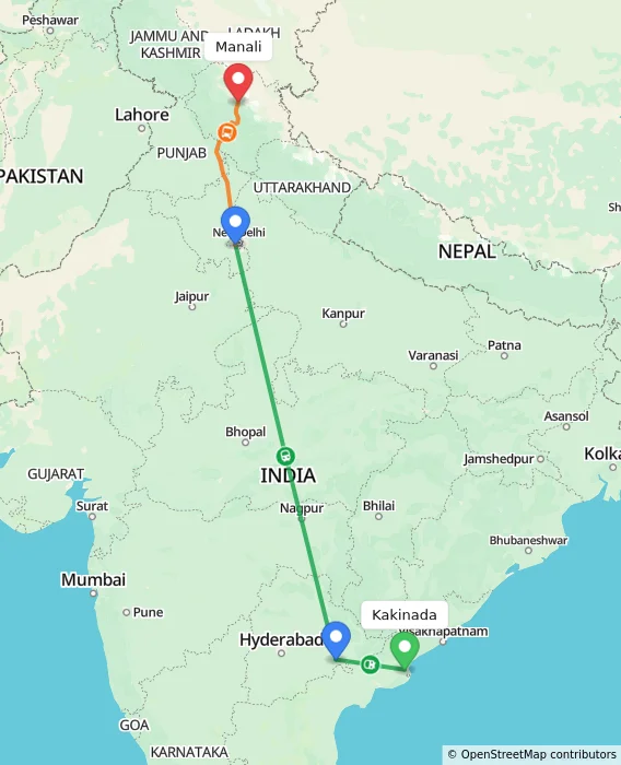 Route map showing distance and travel time from Kakinada, India to Manali, India