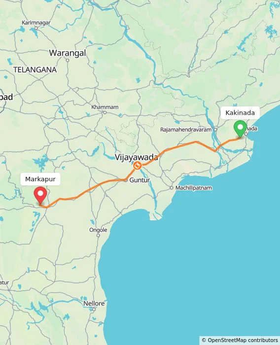 Route map showing distance and travel time from Kakinada, India to Markapur, India