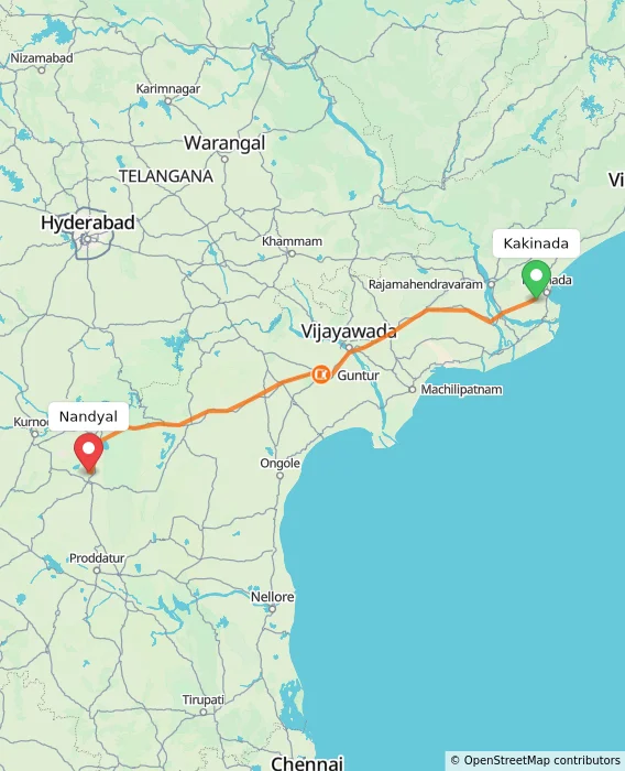 Route map showing distance and travel time from Kakinada, India to Nandyal, India