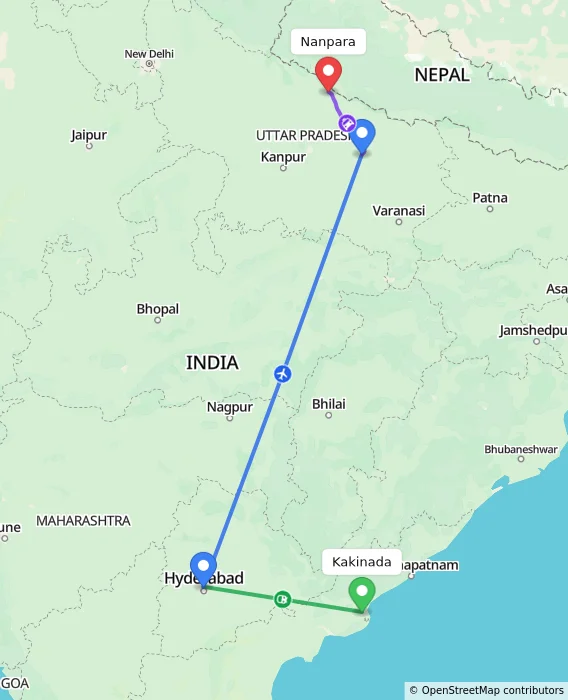 Route map showing distance and travel time from Kakinada, India to Nanpara, India