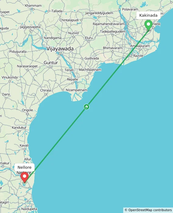Route map showing distance and travel time from Kakinada, India to Nellore, India