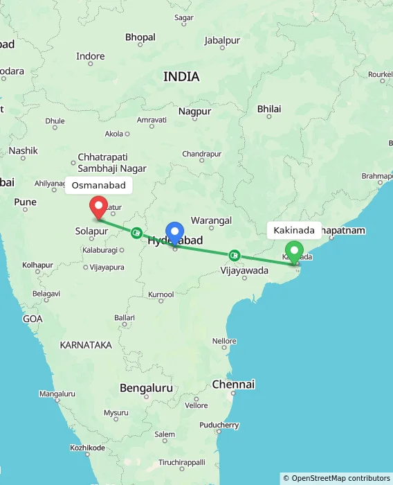Route map showing distance and travel time from Kakinada, India to Osmanabad, India