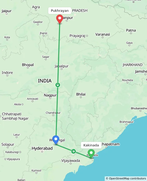 Route map showing distance and travel time from Kakinada, India to Pukhrayan, India