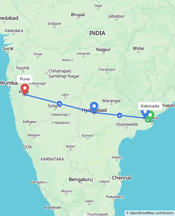 Route map showing distance and travel time from Kakinada, India to Pune, India